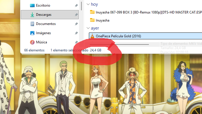 Archivo de One Piece Gold con un tamaño de 24 GB